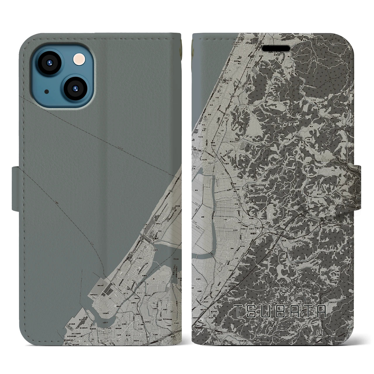 【津幡(石川県)】地図柄iPhoneケース(手帳タイプ)モノトーン・iPhone 13 用