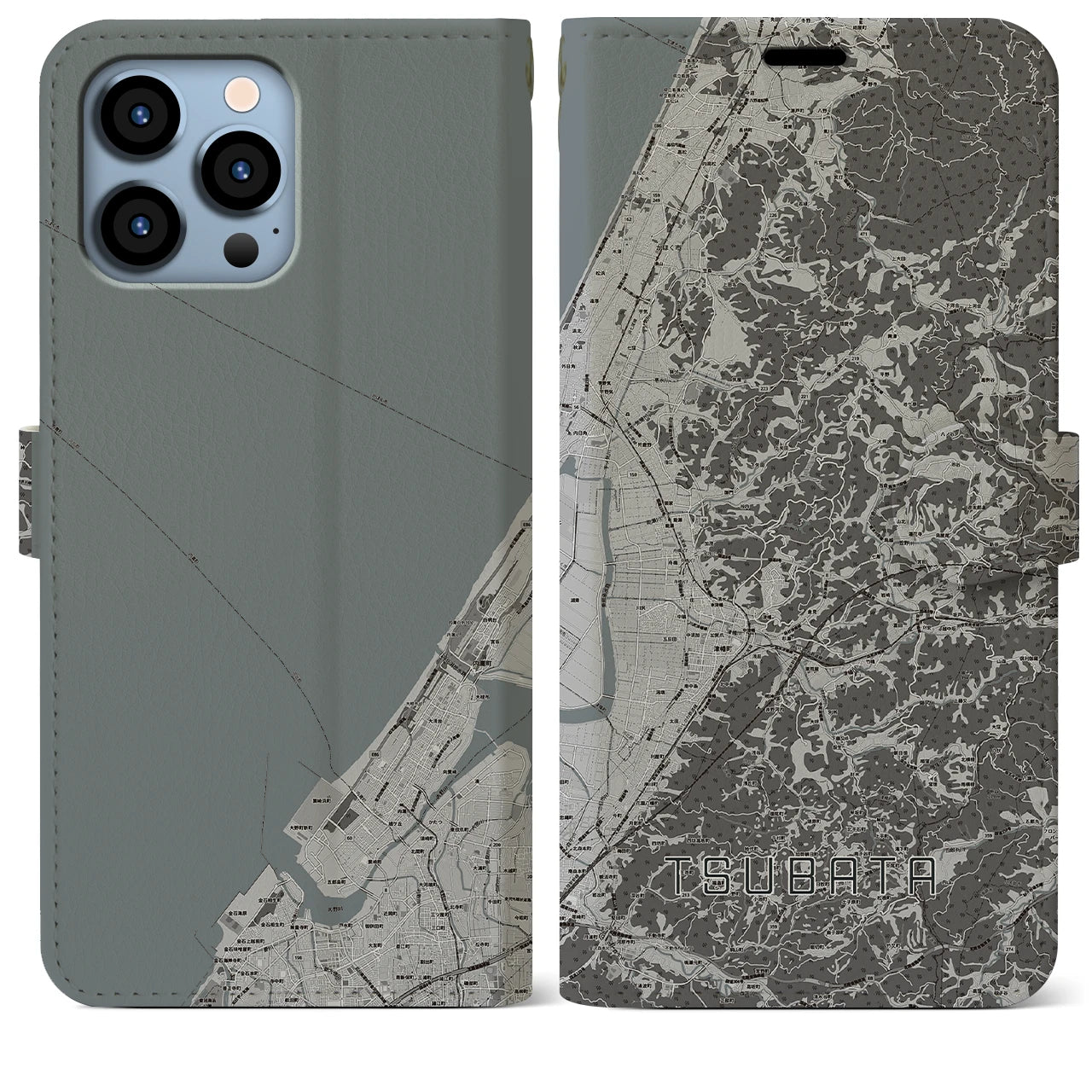 【津幡(石川県)】地図柄iPhoneケース(手帳タイプ)モノトーン・iPhone 13 Pro Max 用
