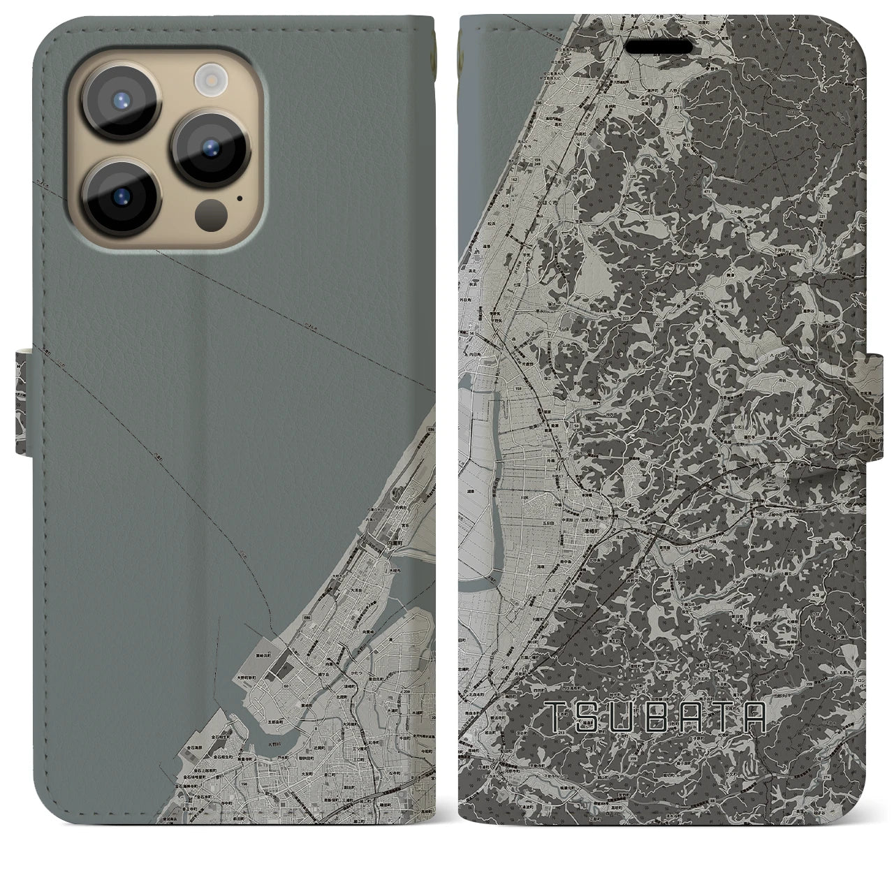 【津幡(石川県)】地図柄iPhoneケース(手帳タイプ)モノトーン・iPhone 14 Pro Max 用