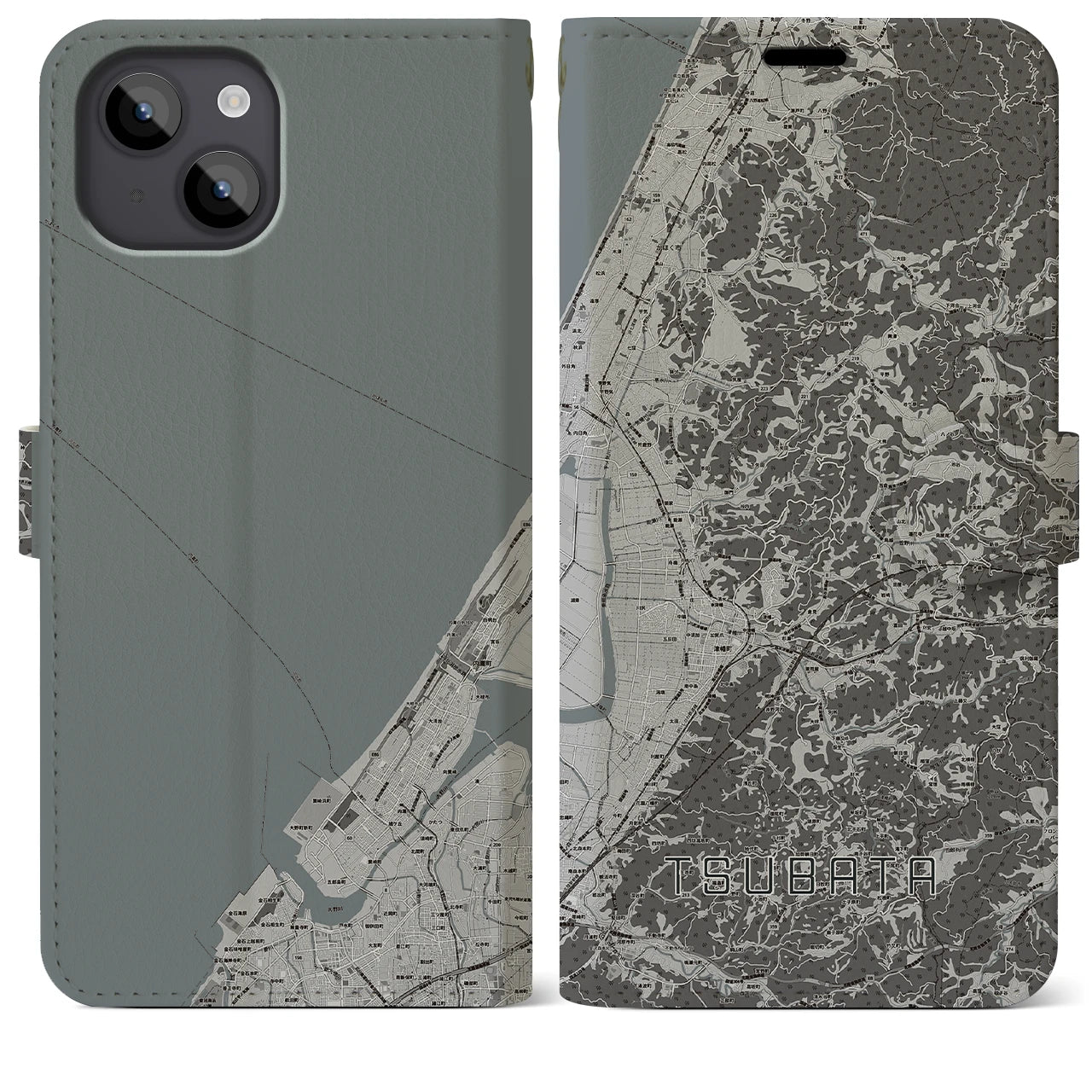 【津幡(石川県)】地図柄iPhoneケース(手帳タイプ)モノトーン・iPhone 14 Plus 用