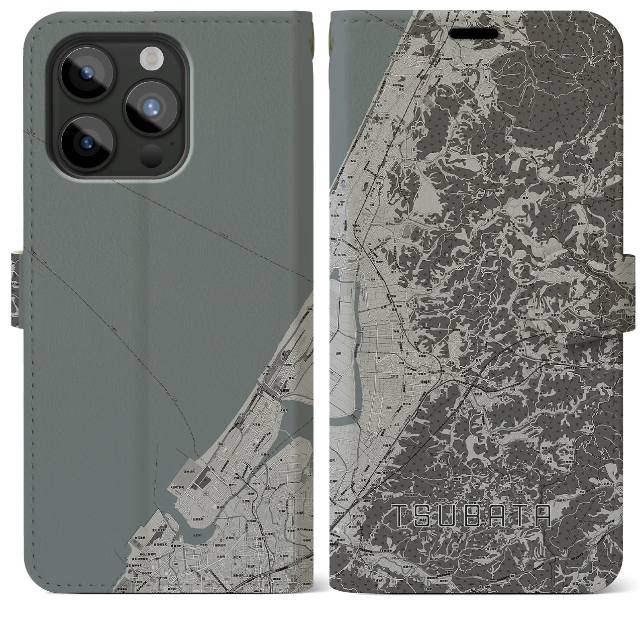 【津幡(石川県)】地図柄iPhoneケース(手帳タイプ)モノトーン・iPhone 15 Pro Max 用
