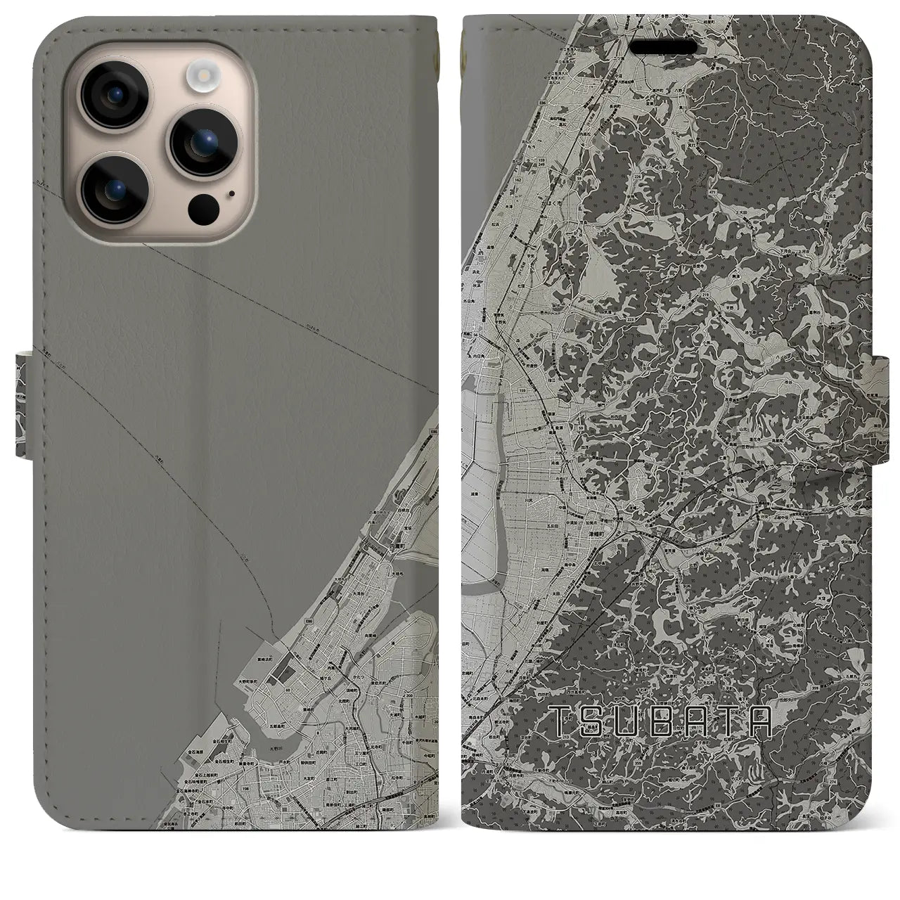 【津幡(石川県)】地図柄iPhoneケース(手帳タイプ)モノトーン・iPhone 16 Plus 用