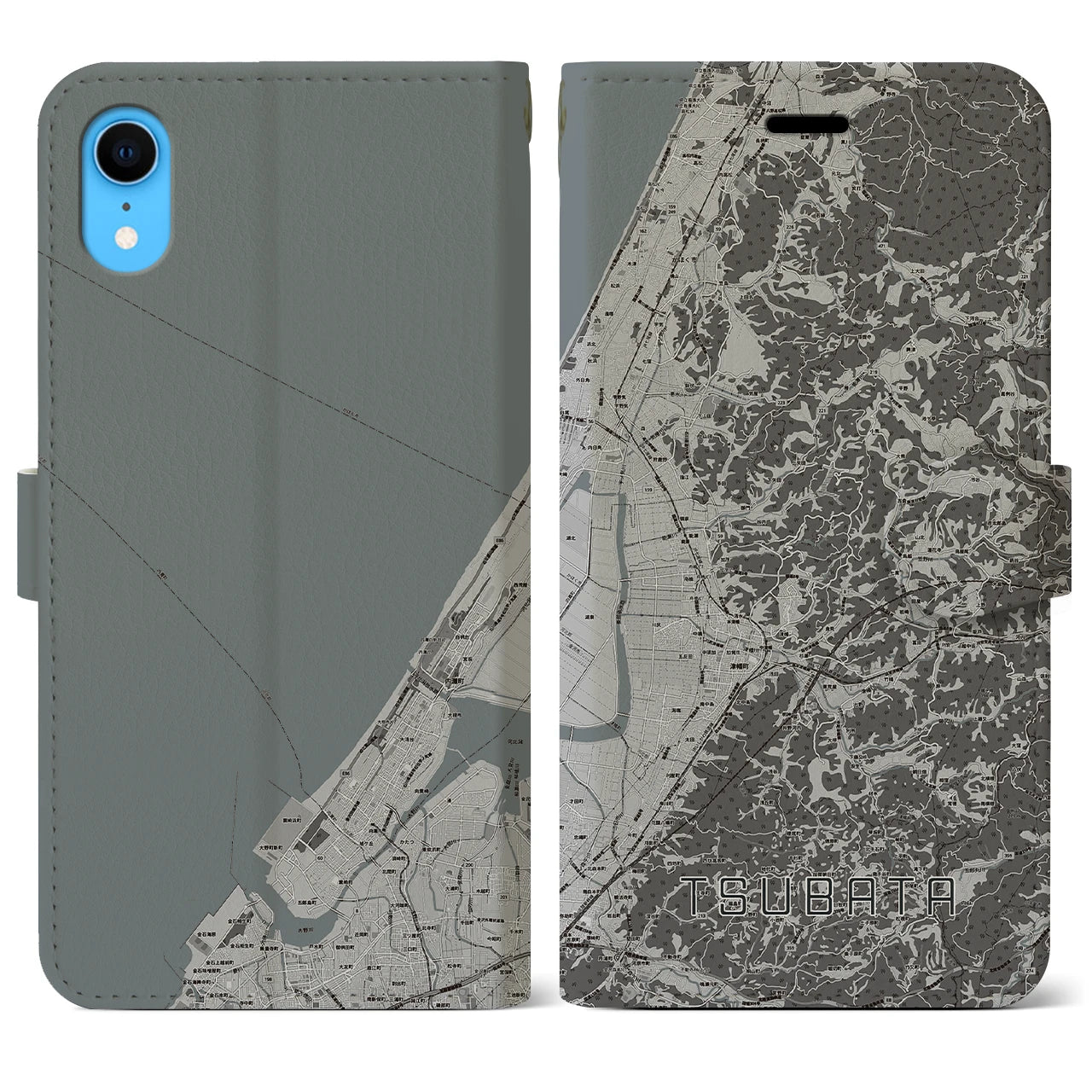 【津幡(石川県)】地図柄iPhoneケース(手帳タイプ)モノトーン・iPhone XR 用