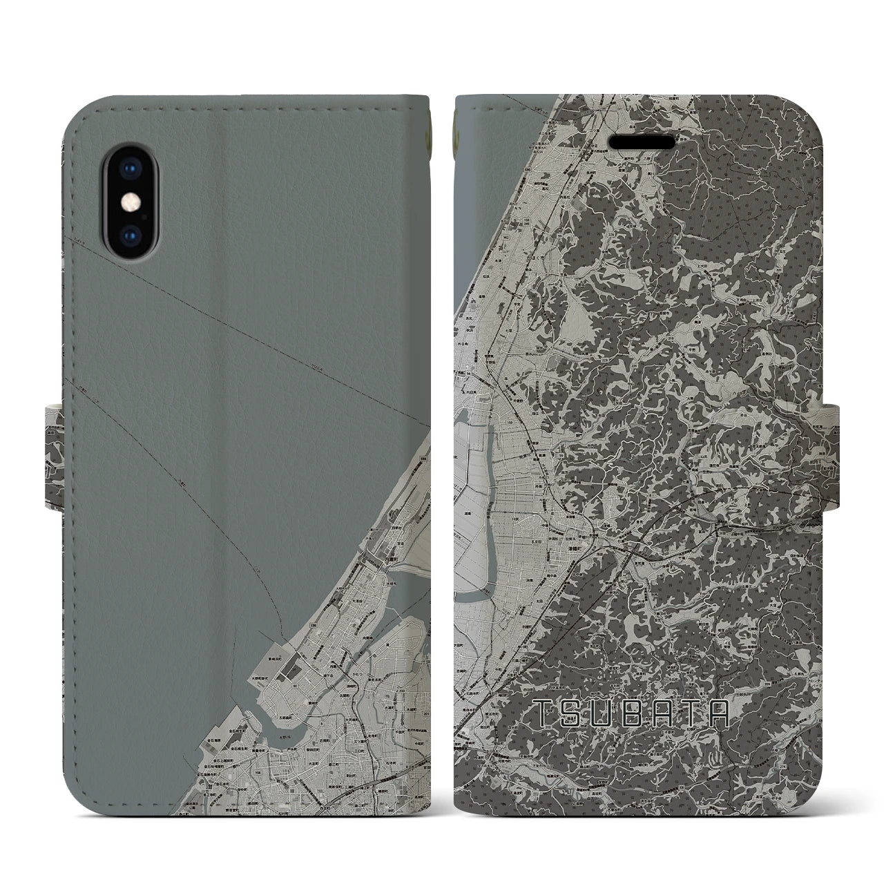 【津幡(石川県)】地図柄iPhoneケース(手帳タイプ)モノトーン・iPhone XS / X 用