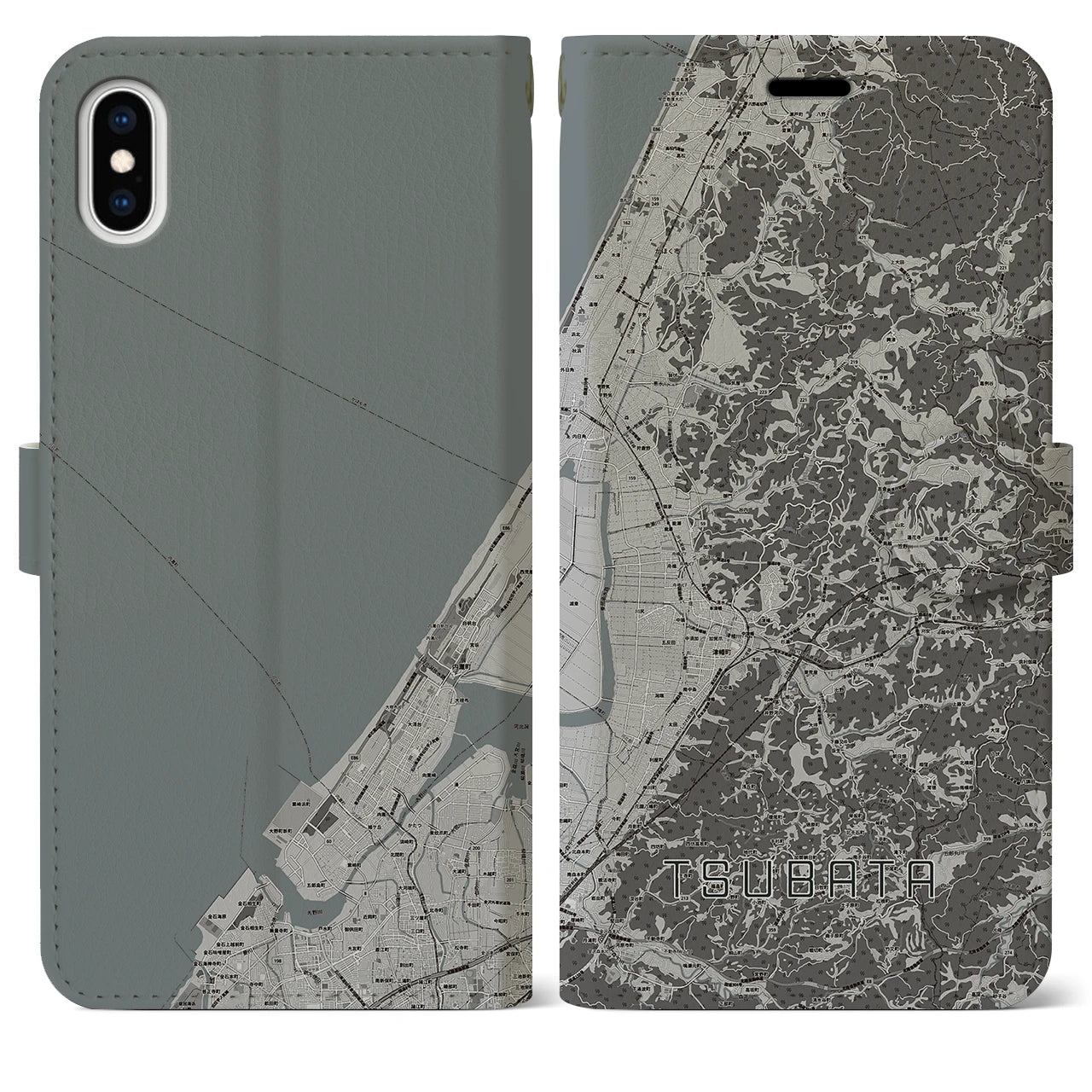 【津幡(石川県)】地図柄iPhoneケース(手帳タイプ)モノトーン・iPhone XS Max 用