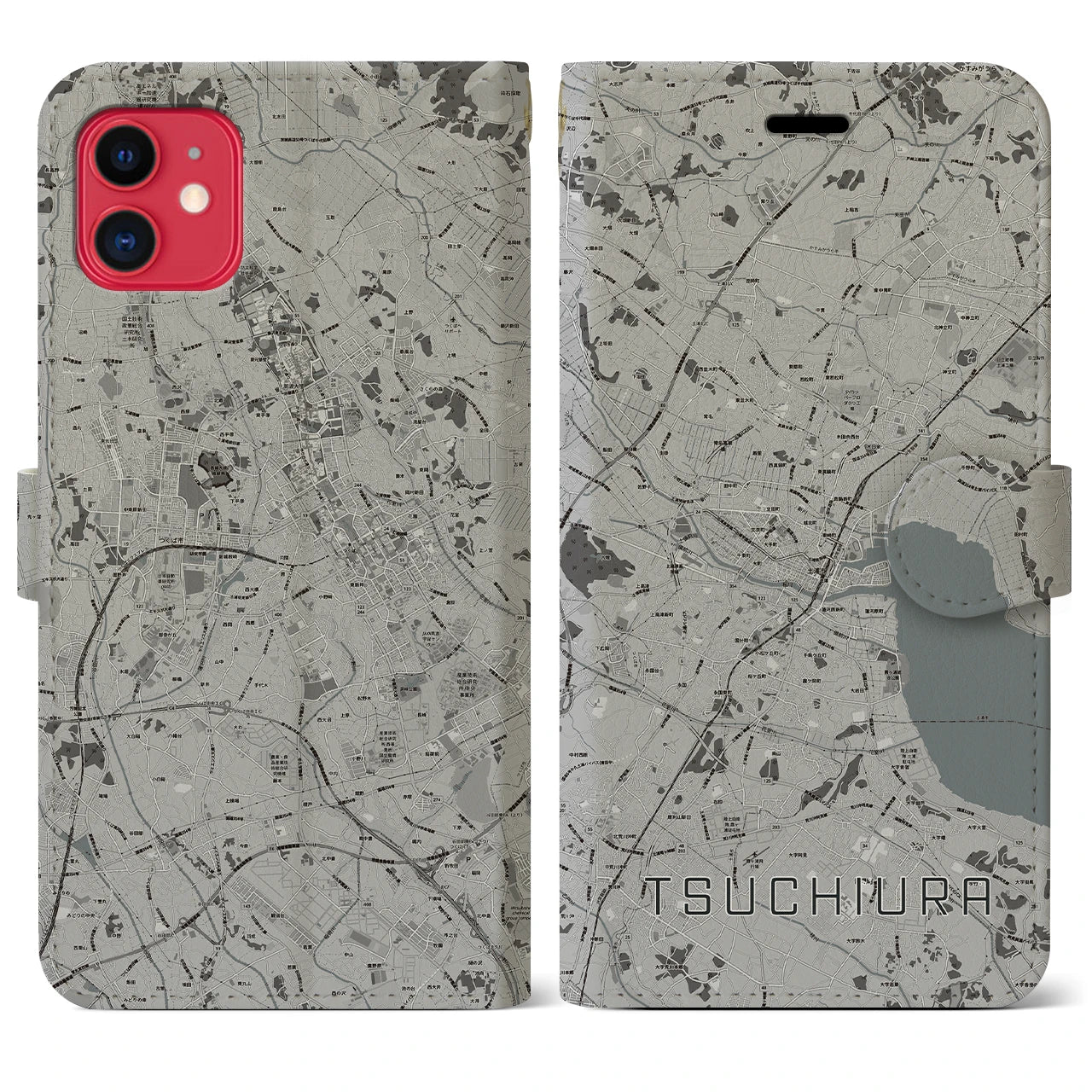 【土浦(茨城県)】地図柄iPhoneケース(手帳タイプ)モノトーン・iPhone 11 用