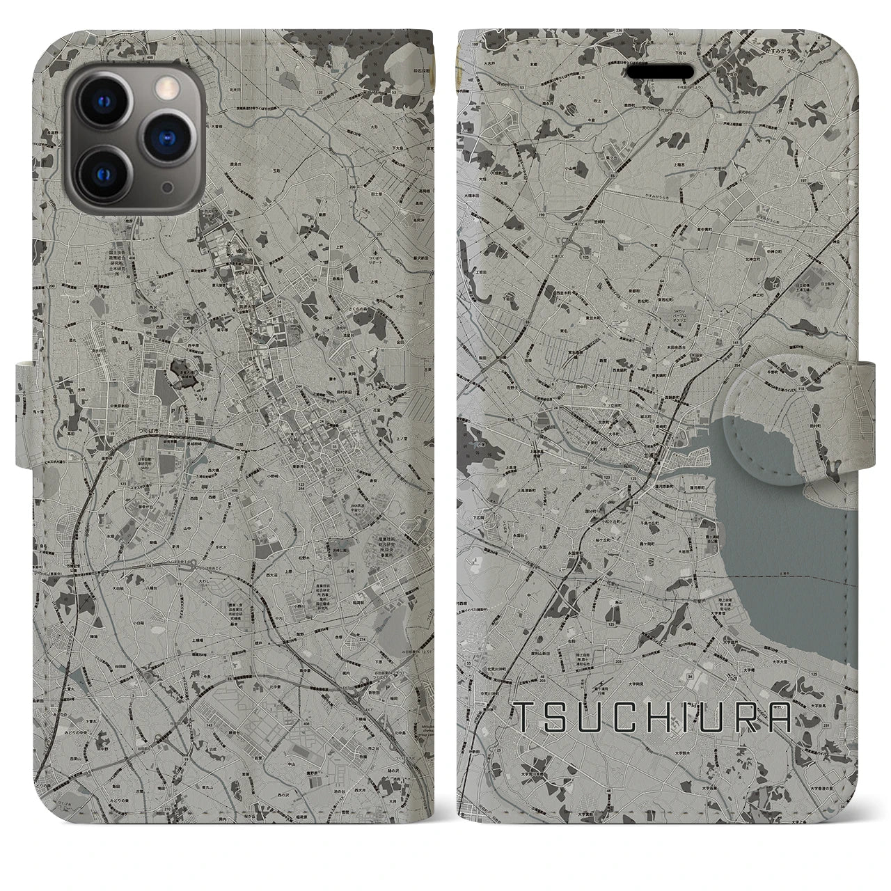 【土浦(茨城県)】地図柄iPhoneケース(手帳タイプ)モノトーン・iPhone 11 Pro Max 用