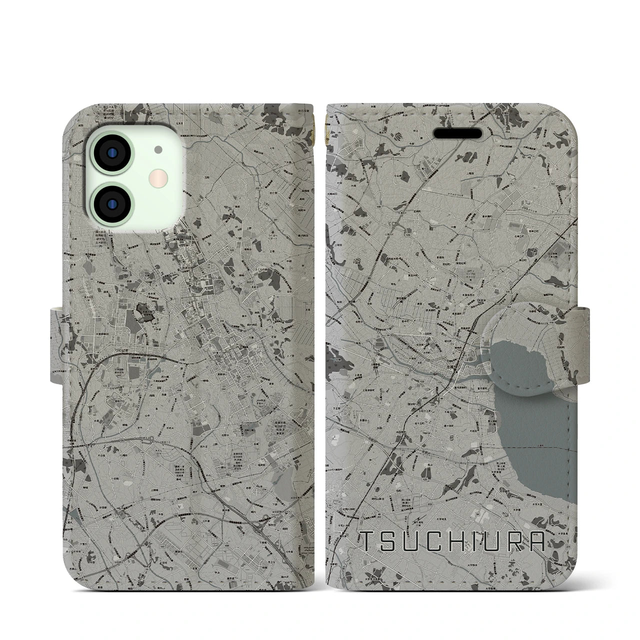 【土浦(茨城県)】地図柄iPhoneケース(手帳タイプ)モノトーン・iPhone 12 mini 用