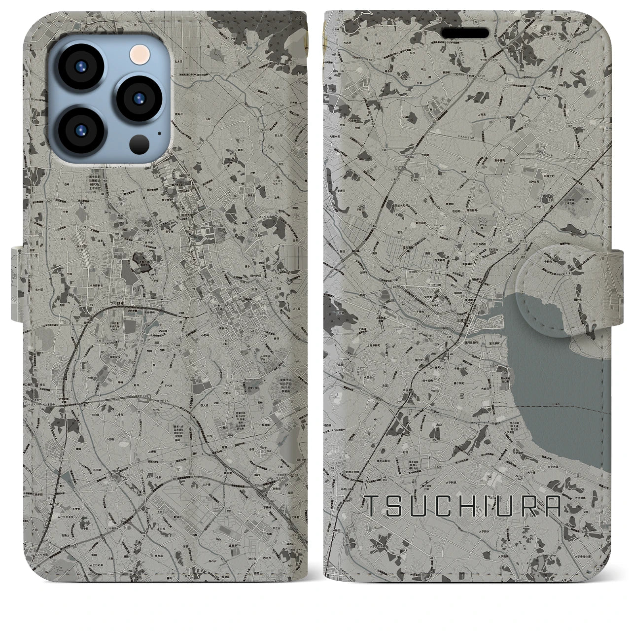 【土浦(茨城県)】地図柄iPhoneケース(手帳タイプ)モノトーン・iPhone 13 Pro Max 用