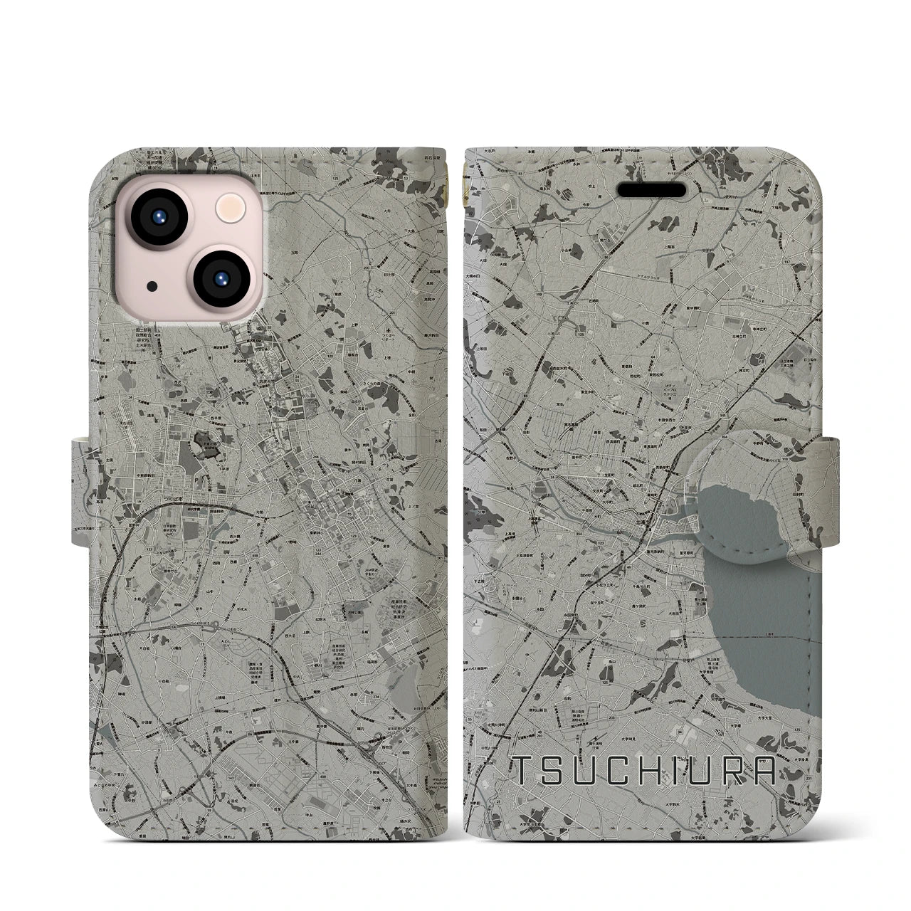【土浦(茨城県)】地図柄iPhoneケース(手帳タイプ)モノトーン・iPhone 13 mini 用