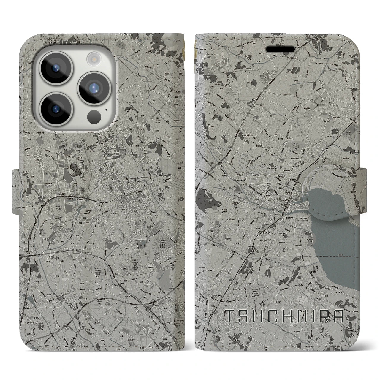 【土浦(茨城県)】地図柄iPhoneケース(手帳タイプ)モノトーン・iPhone 15 Pro 用