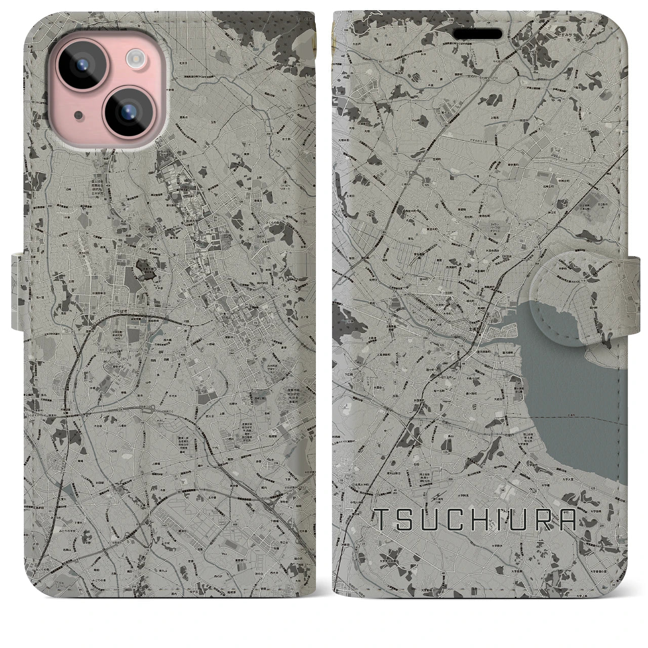 【土浦(茨城県)】地図柄iPhoneケース(手帳タイプ)モノトーン・iPhone 15 Plus 用