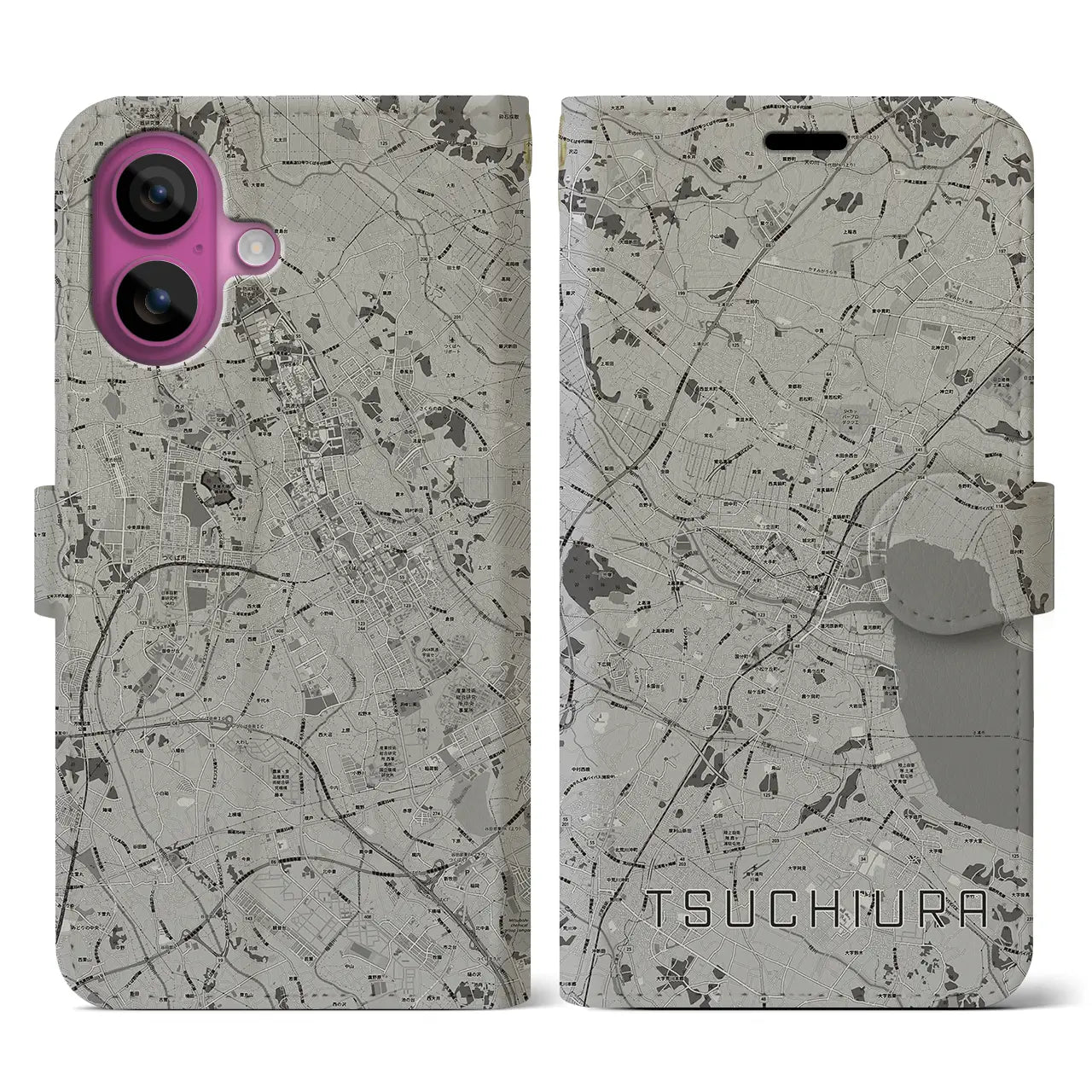 【土浦(茨城県)】地図柄iPhoneケース(手帳タイプ)モノトーン・iPhone 16 Pro 用