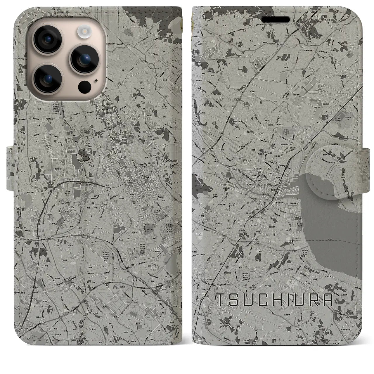 【土浦(茨城県)】地図柄iPhoneケース(手帳タイプ)モノトーン・iPhone 16 Plus 用