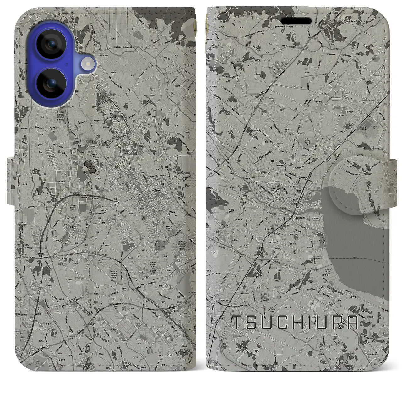 【土浦(茨城県)】地図柄iPhoneケース(手帳タイプ)モノトーン・iPhone 16 Pro Max 用