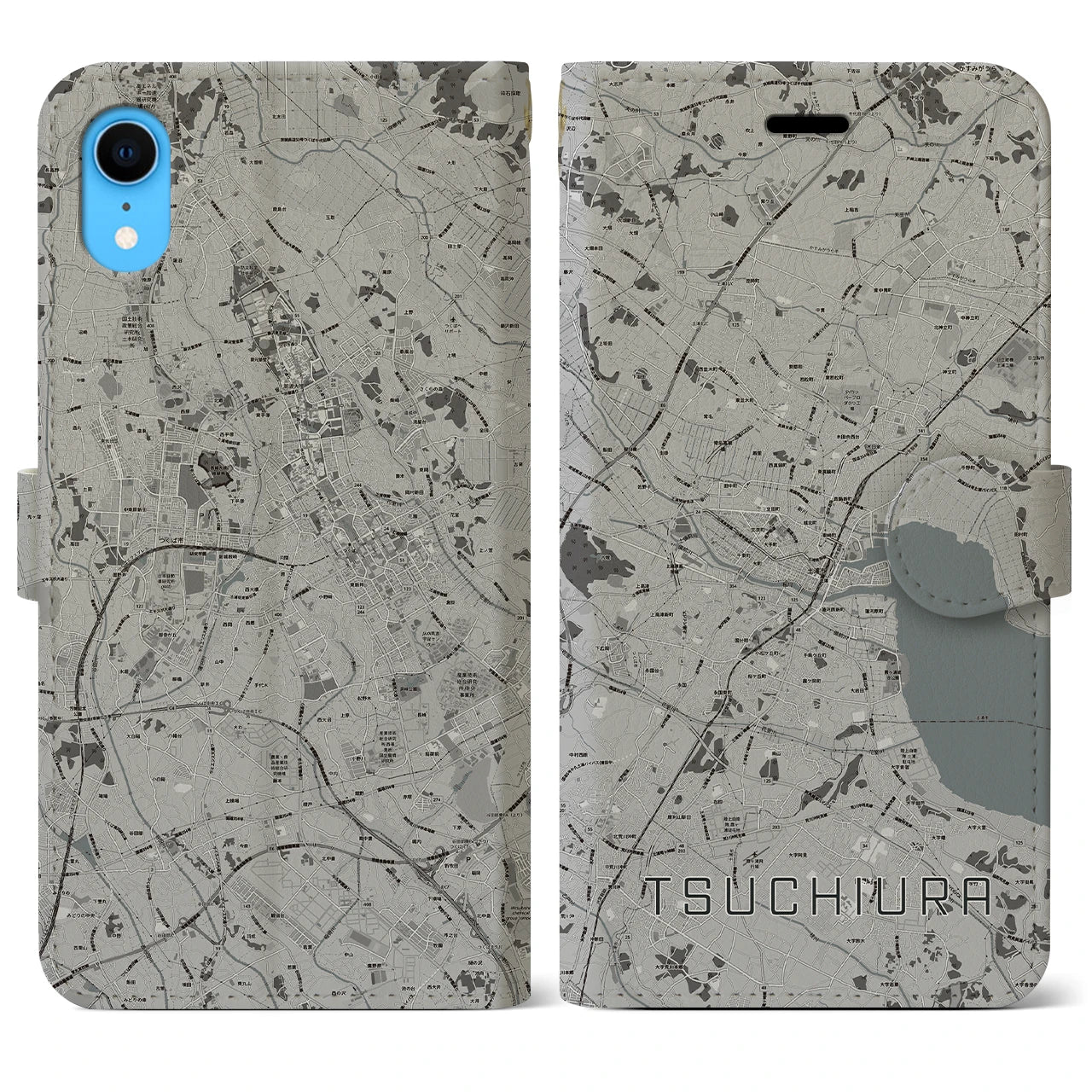【土浦(茨城県)】地図柄iPhoneケース(手帳タイプ)モノトーン・iPhone XR 用