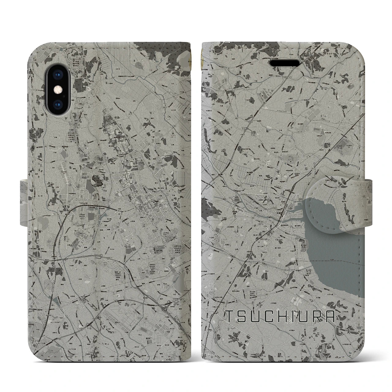 【土浦(茨城県)】地図柄iPhoneケース(手帳タイプ)モノトーン・iPhone XS / X 用