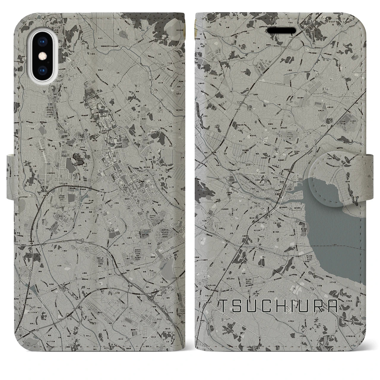 【土浦(茨城県)】地図柄iPhoneケース(手帳タイプ)モノトーン・iPhone XS Max 用