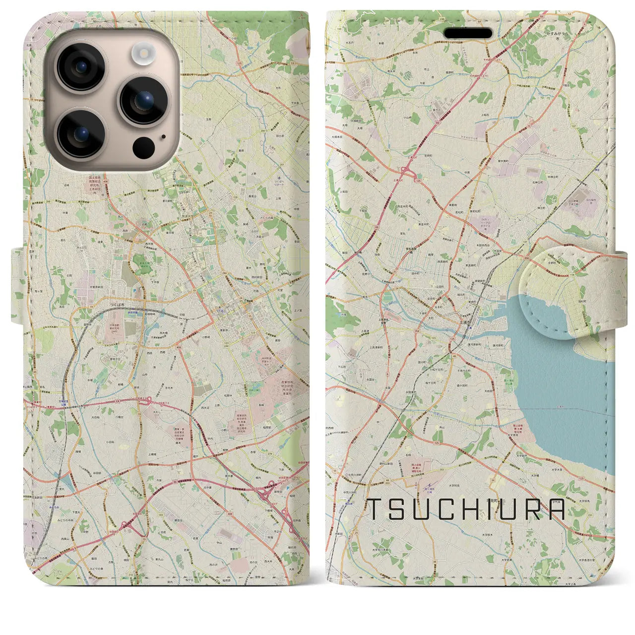 【土浦(茨城県)】地図柄iPhoneケース(手帳タイプ)ナチュラル・iPhone 16 Plus 用