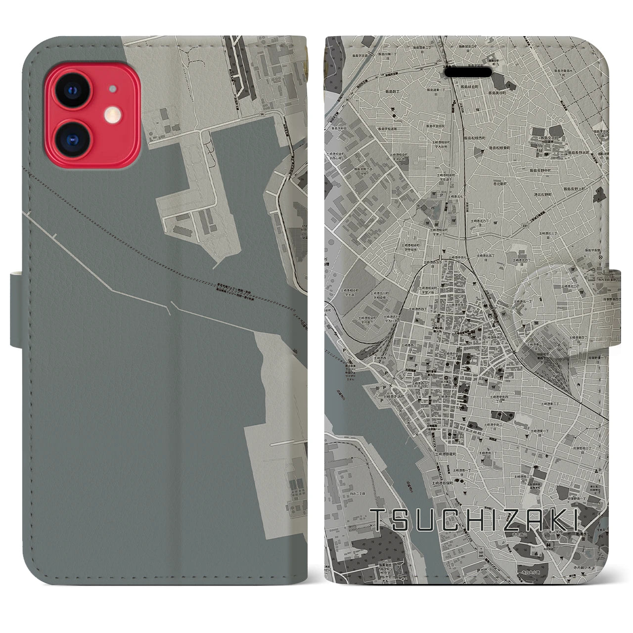 【土崎(秋田県)】地図柄iPhoneケース(手帳タイプ)モノトーン・iPhone 11 用