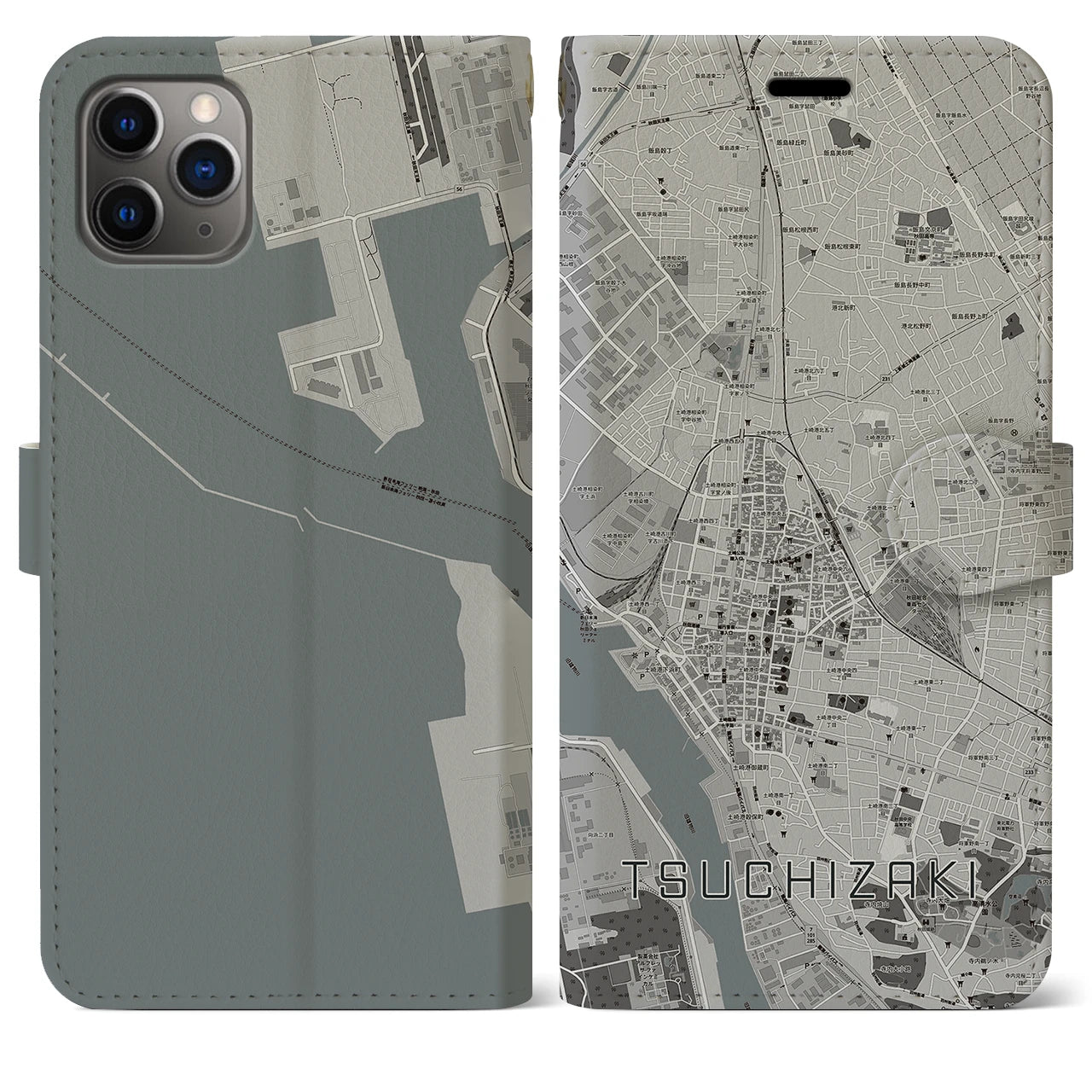 【土崎(秋田県)】地図柄iPhoneケース(手帳タイプ)モノトーン・iPhone 11 Pro Max 用