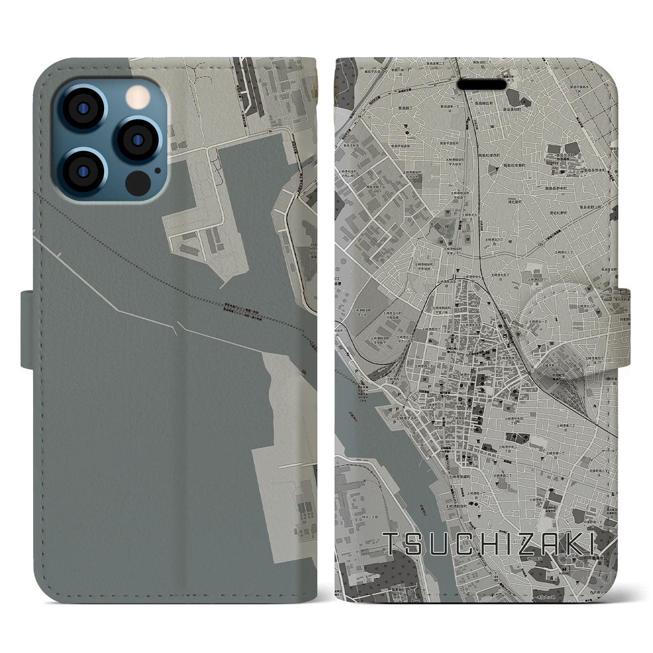 【土崎(秋田県)】地図柄iPhoneケース(手帳タイプ)モノトーン・iPhone 12 / 12 Pro 用