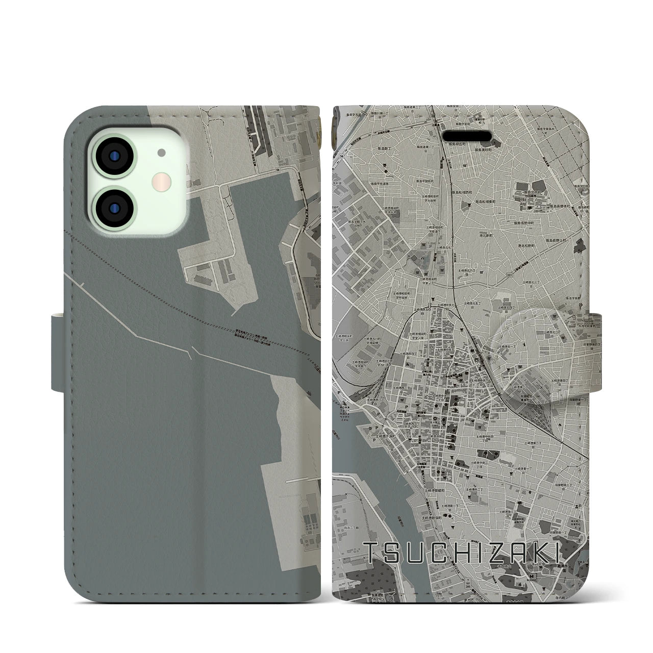 【土崎(秋田県)】地図柄iPhoneケース(手帳タイプ)モノトーン・iPhone 12 mini 用