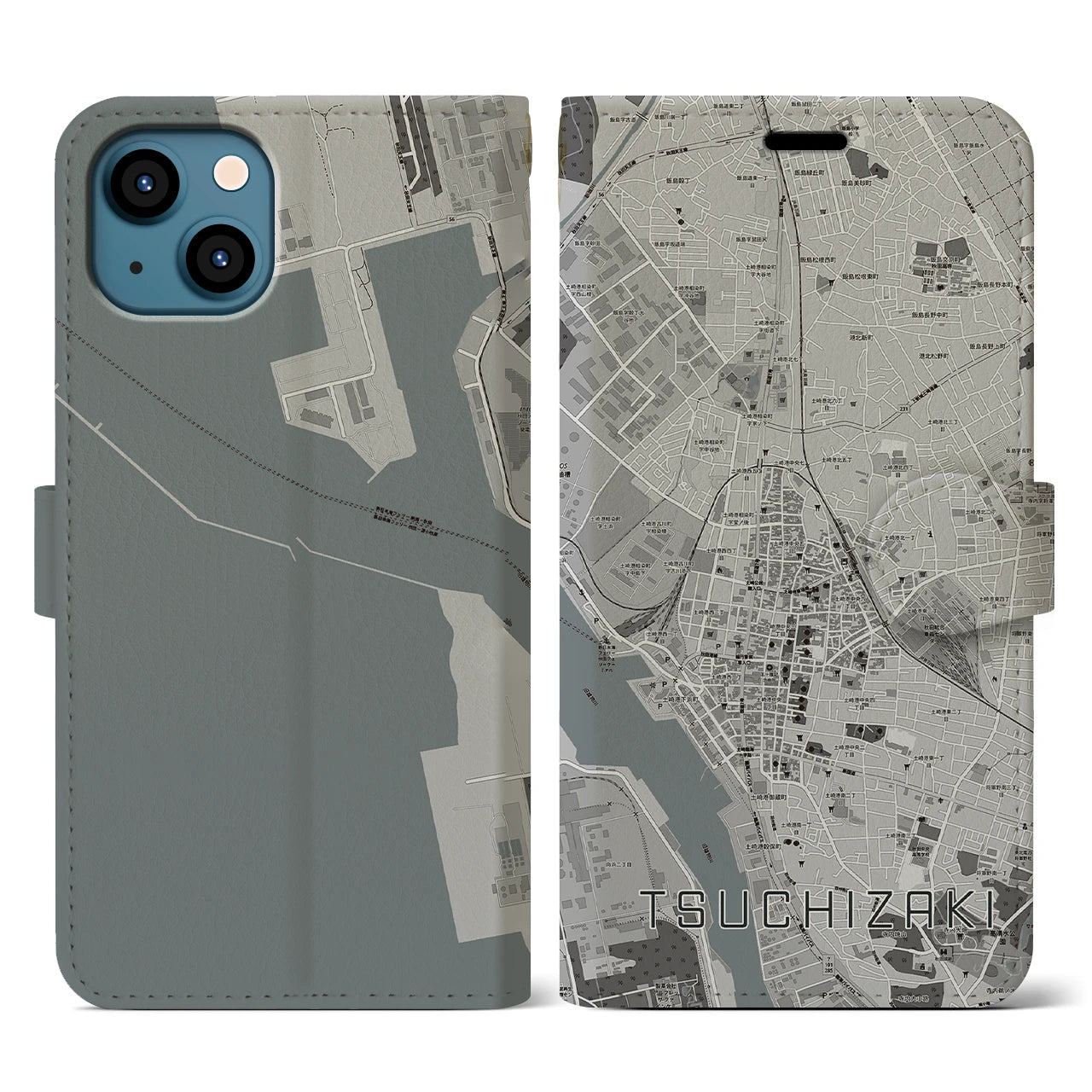 【土崎(秋田県)】地図柄iPhoneケース(手帳タイプ)モノトーン・iPhone 13 用