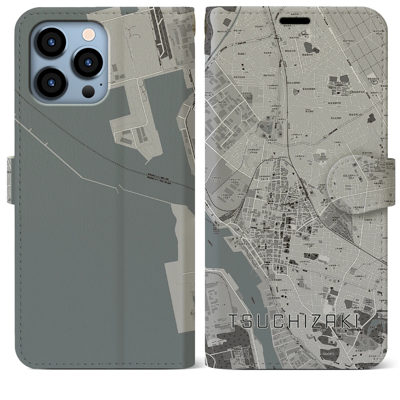 【土崎(秋田県)】地図柄iPhoneケース(手帳タイプ)モノトーン・iPhone 13 Pro Max 用