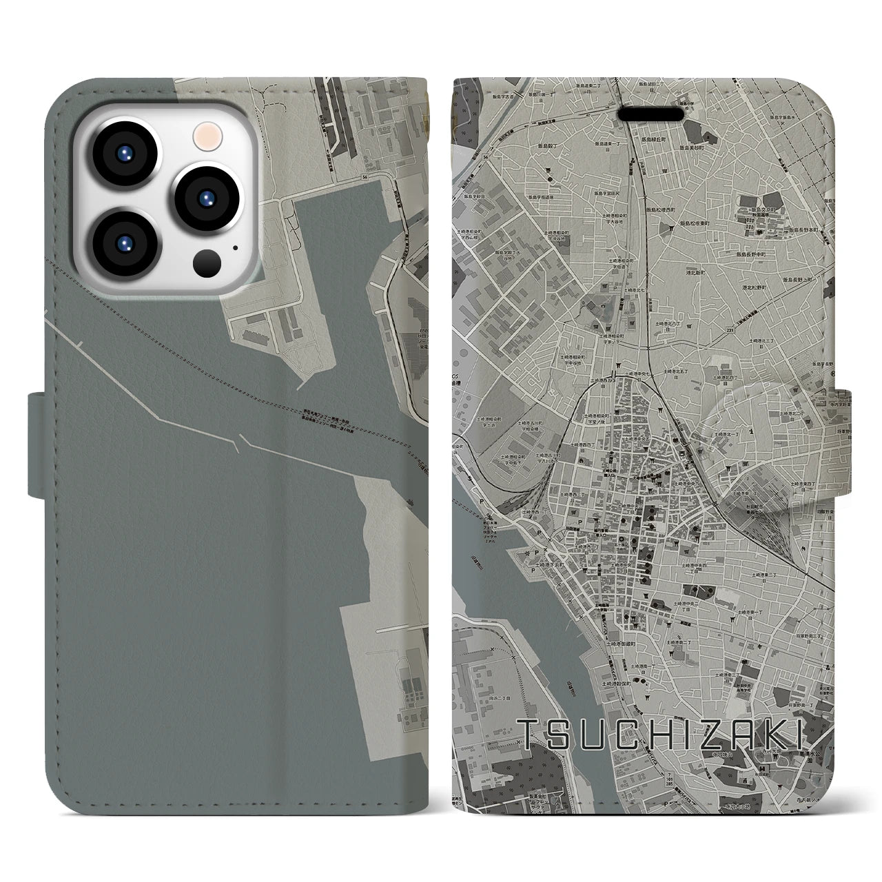 【土崎(秋田県)】地図柄iPhoneケース(手帳タイプ)モノトーン・iPhone 13 Pro 用