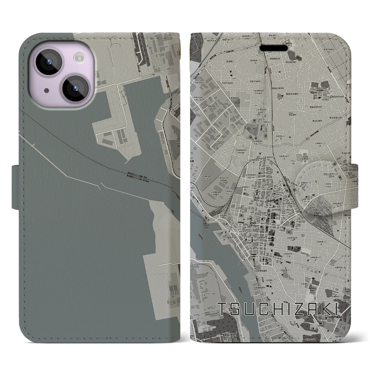 【土崎(秋田県)】地図柄iPhoneケース(手帳タイプ)モノトーン・iPhone 14 用