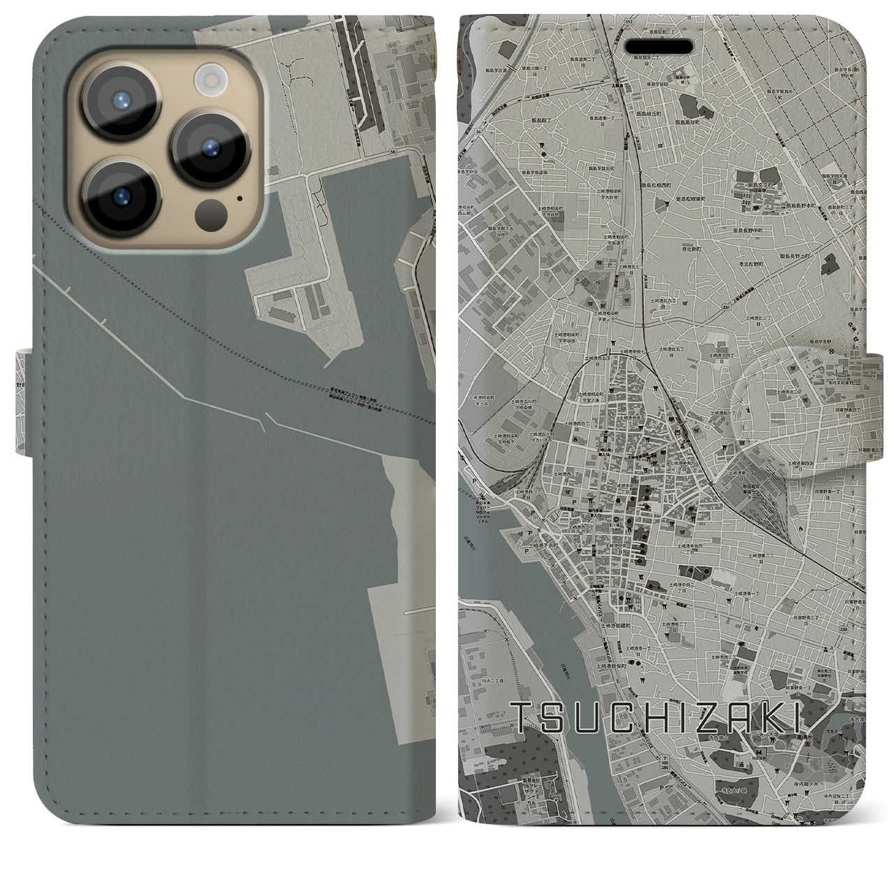 【土崎(秋田県)】地図柄iPhoneケース(手帳タイプ)モノトーン・iPhone 14 Pro Max 用