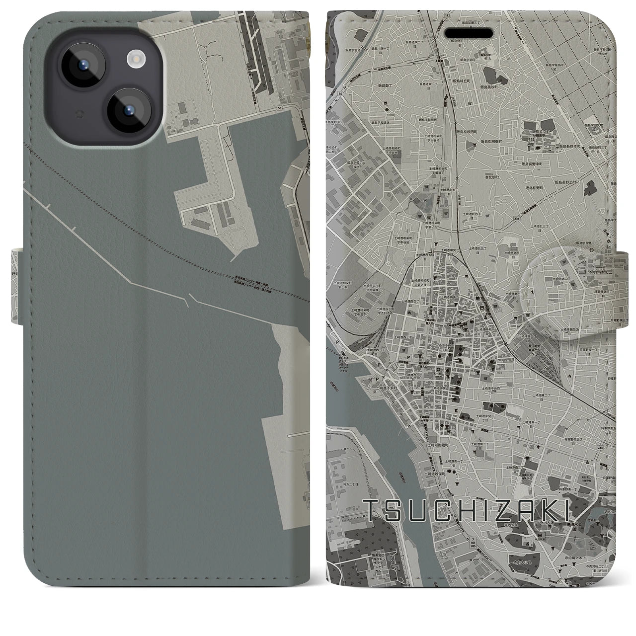 【土崎(秋田県)】地図柄iPhoneケース(手帳タイプ)モノトーン・iPhone 14 Plus 用