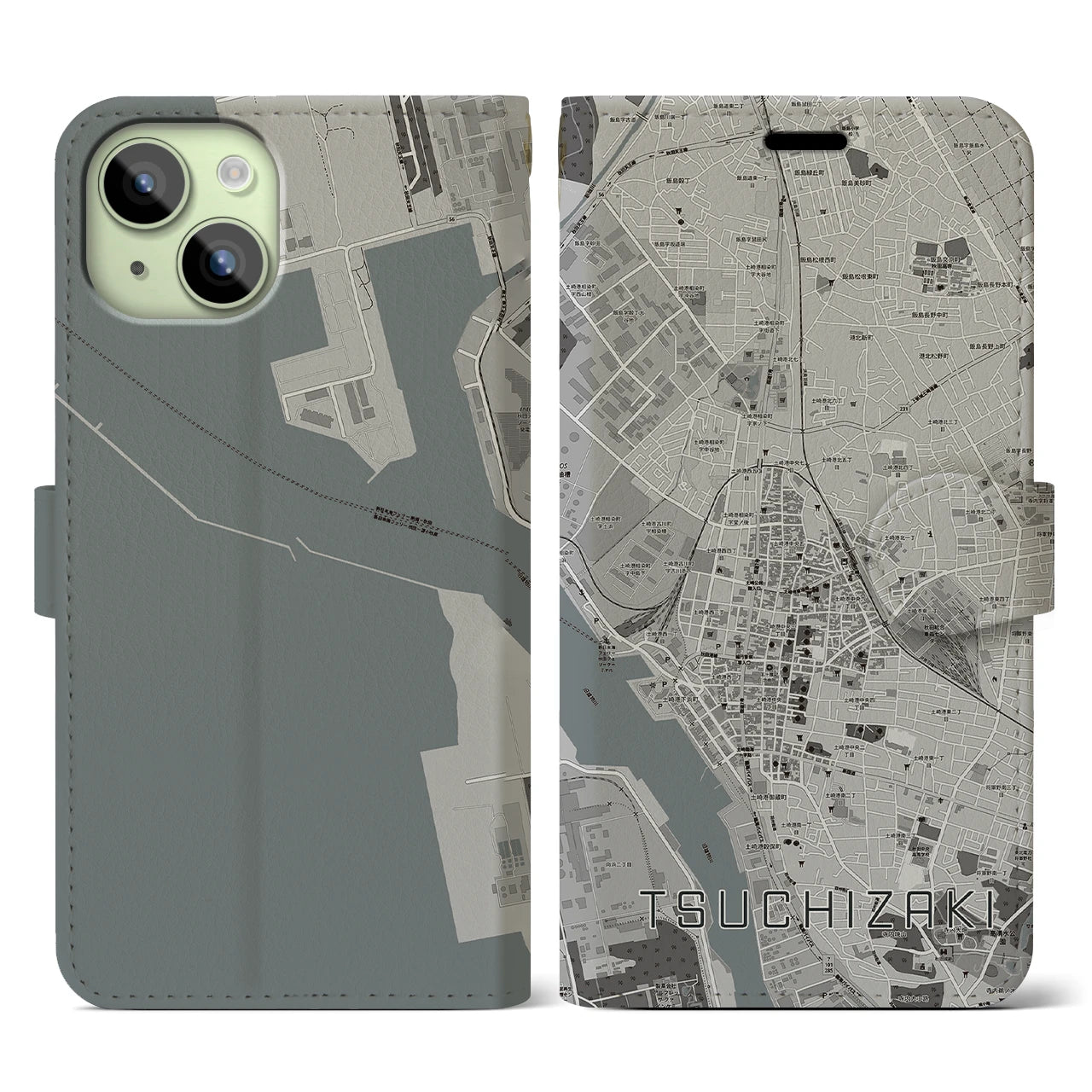 【土崎(秋田県)】地図柄iPhoneケース(手帳タイプ)モノトーン・iPhone 15 用
