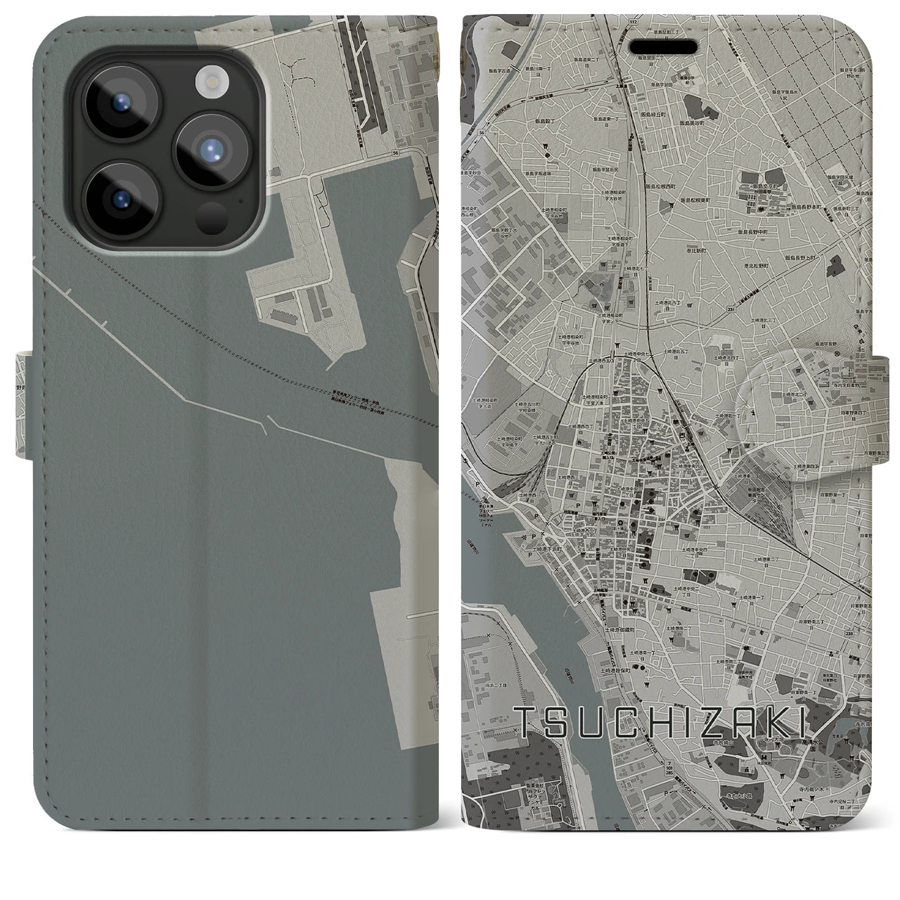 【土崎(秋田県)】地図柄iPhoneケース(手帳タイプ)モノトーン・iPhone 15 Pro Max 用