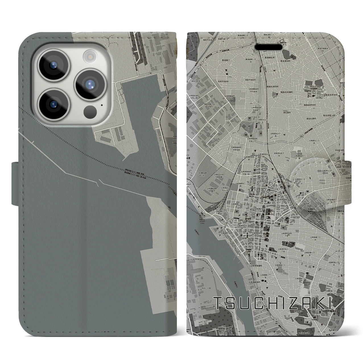 【土崎(秋田県)】地図柄iPhoneケース(手帳タイプ)モノトーン・iPhone 15 Pro 用