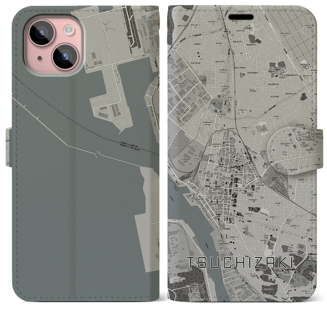 【土崎(秋田県)】地図柄iPhoneケース(手帳タイプ)モノトーン・iPhone 15 Plus 用