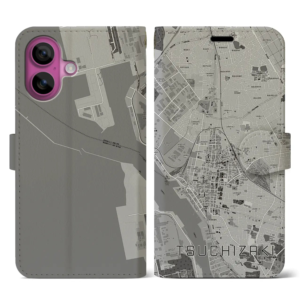 【土崎(秋田県)】地図柄iPhoneケース(手帳タイプ)モノトーン・iPhone 16 Pro 用