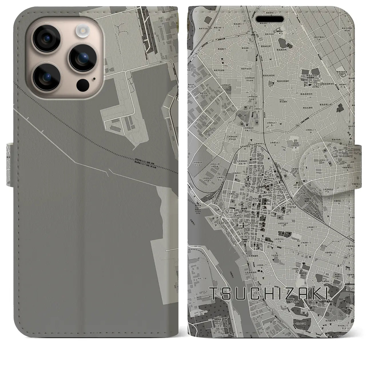 【土崎(秋田県)】地図柄iPhoneケース(手帳タイプ)モノトーン・iPhone 16 Plus 用