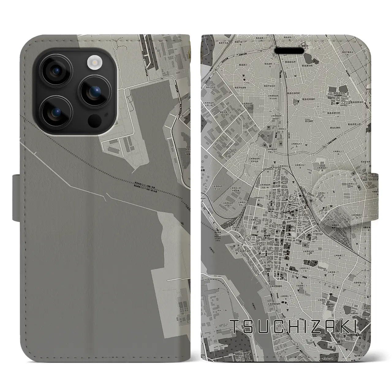 【土崎(秋田県)】地図柄iPhoneケース(手帳タイプ)モノトーン・iPhone 16 用