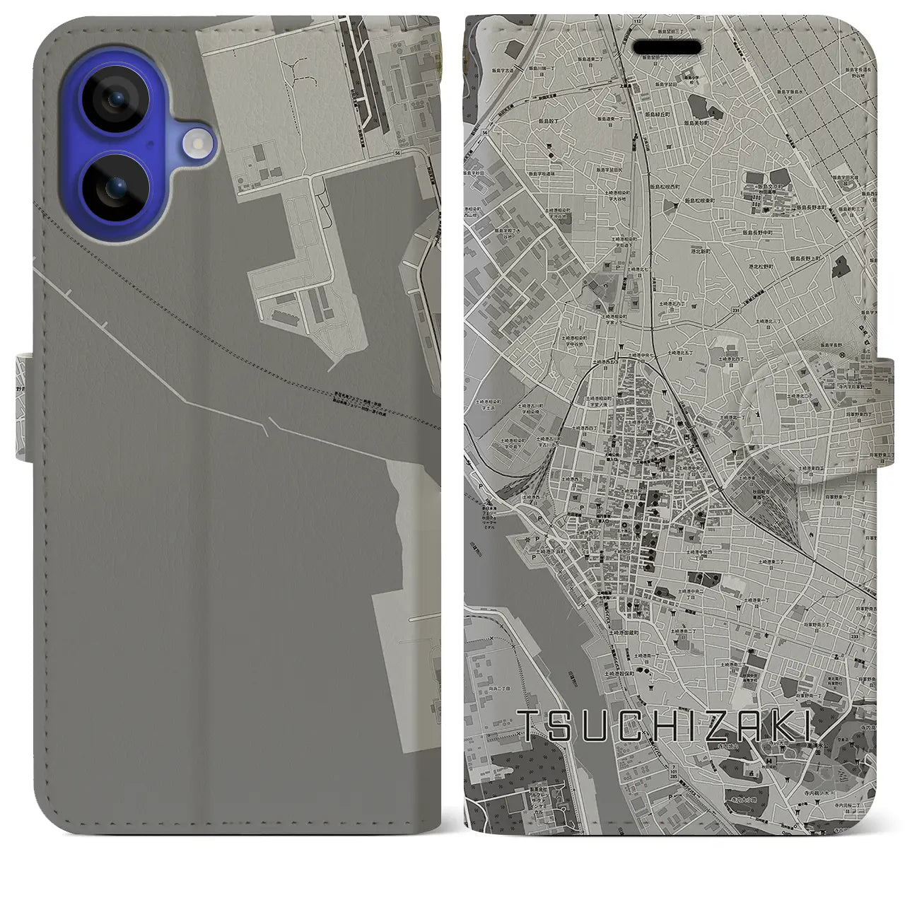 【土崎(秋田県)】地図柄iPhoneケース(手帳タイプ)モノトーン・iPhone 16 Pro Max 用