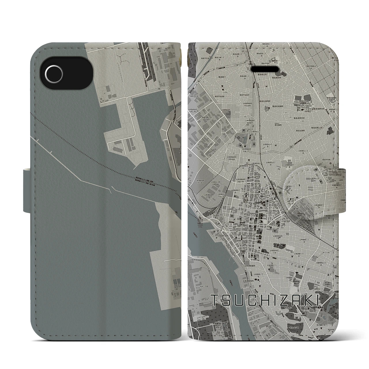 【土崎(秋田県)】地図柄iPhoneケース(手帳タイプ)モノトーン・iPhone SE(第3 / 第2世代) / 8 / 7 / 6s / 6 用