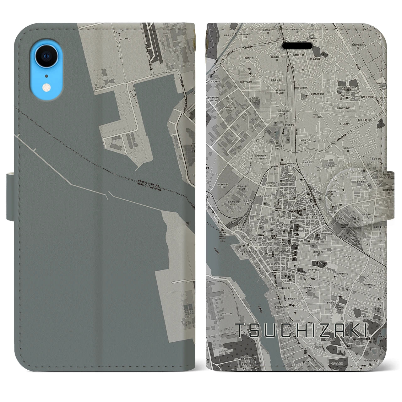 【土崎(秋田県)】地図柄iPhoneケース(手帳タイプ)モノトーン・iPhone XR 用