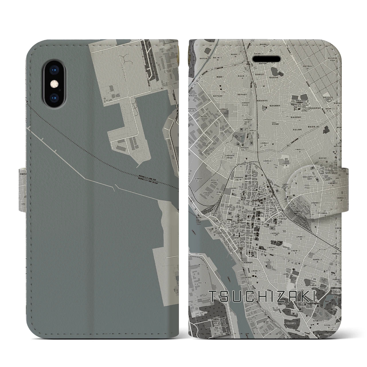 【土崎(秋田県)】地図柄iPhoneケース(手帳タイプ)モノトーン・iPhone XS / X 用