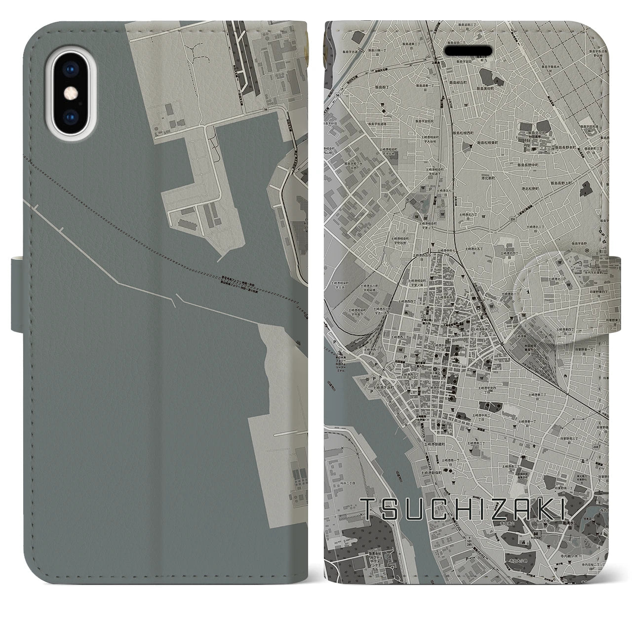 【土崎(秋田県)】地図柄iPhoneケース(手帳タイプ)モノトーン・iPhone XS Max 用