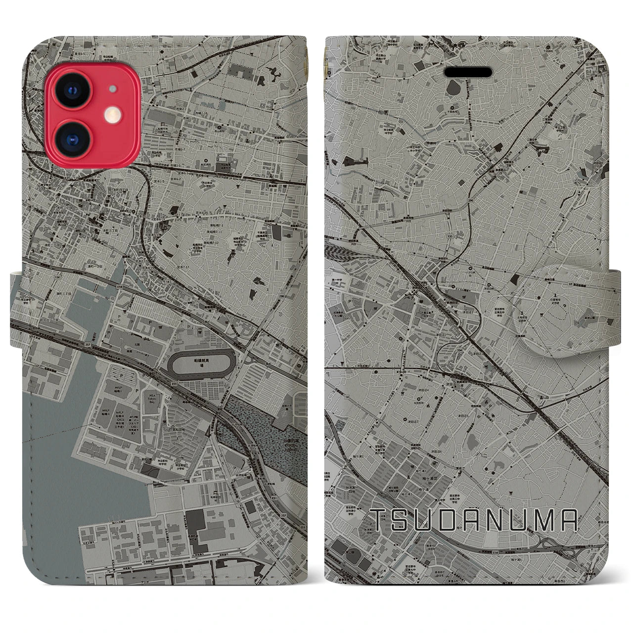 【津田沼(千葉県)】地図柄iPhoneケース(手帳タイプ)モノトーン・iPhone 11 用
