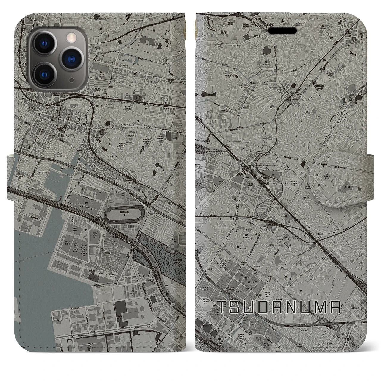 【津田沼(千葉県)】地図柄iPhoneケース(手帳タイプ)モノトーン・iPhone 11 Pro Max 用
