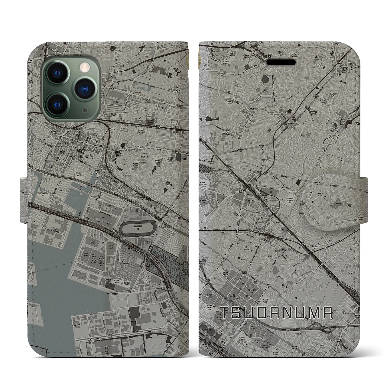 【津田沼(千葉県)】地図柄iPhoneケース(手帳タイプ)モノトーン・iPhone 11 Pro 用
