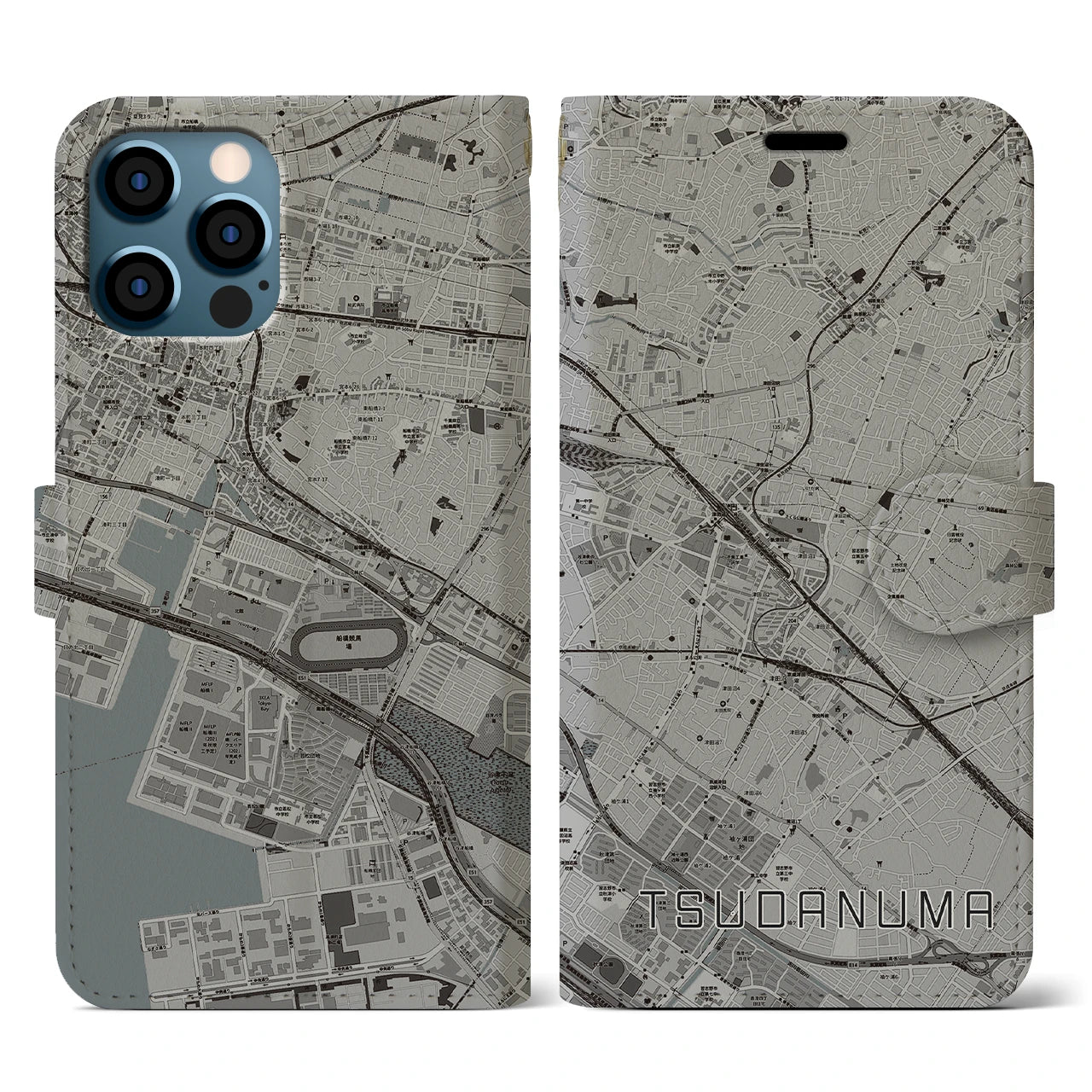 【津田沼(千葉県)】地図柄iPhoneケース(手帳タイプ)モノトーン・iPhone 12 / 12 Pro 用