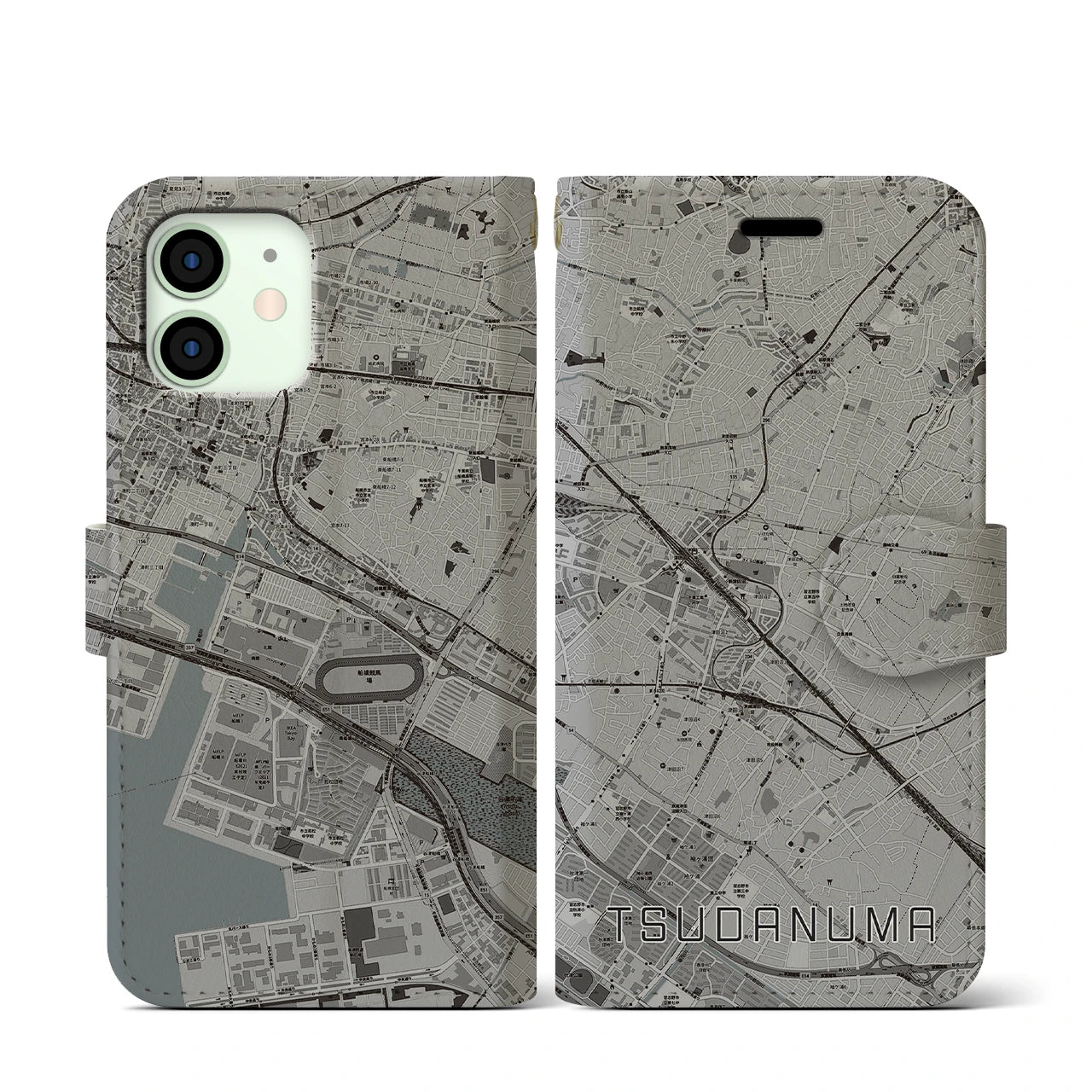 【津田沼(千葉県)】地図柄iPhoneケース(手帳タイプ)モノトーン・iPhone 12 mini 用
